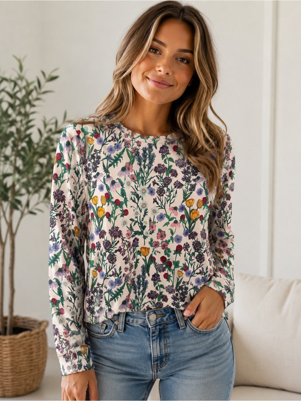 Floral Crewneck Long Sleeve Top - Cream Multi